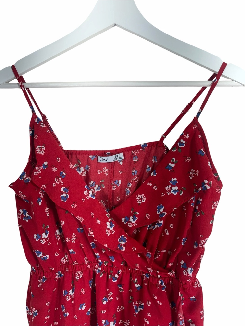 Dex Red Floral Spaghetti-Strap Dress with Blue and White Accents size small - Picture 4 of 13
